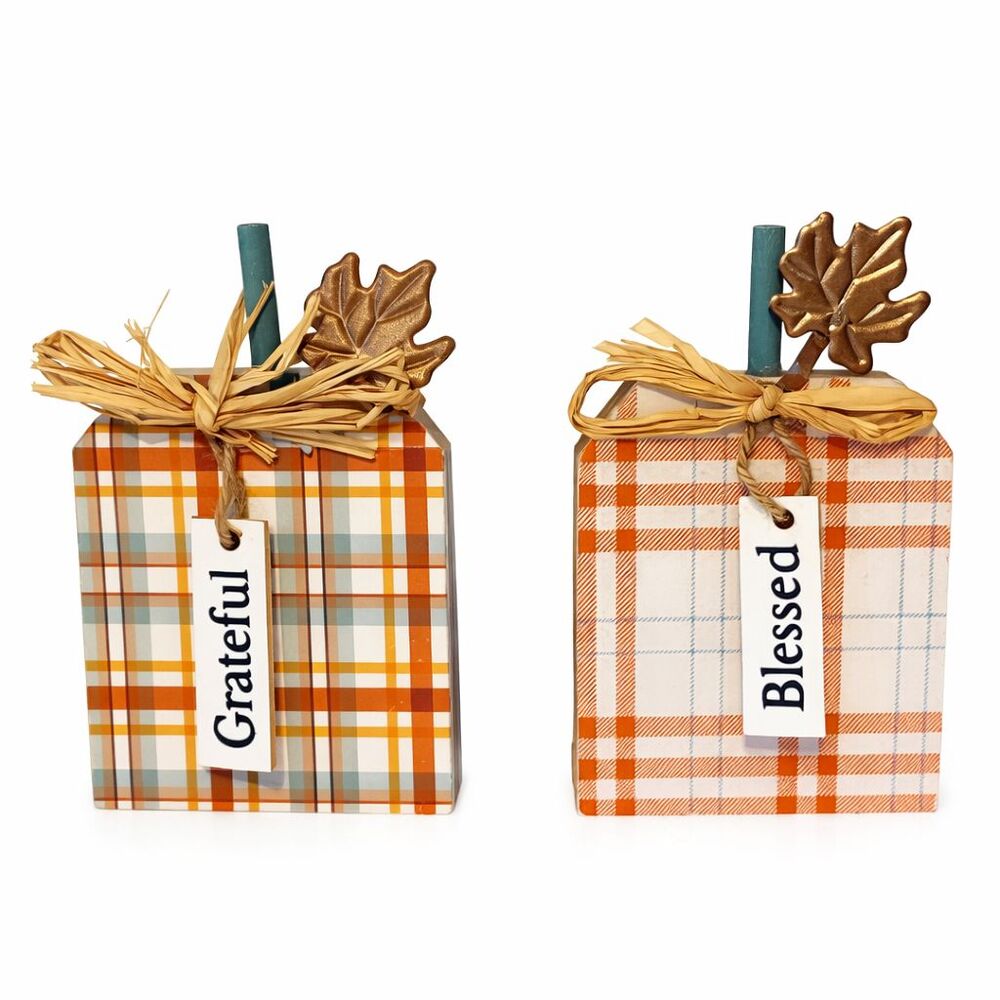 Grateful Blessed Wooden Plaid Pumpkin Thanksgiving Holiday Fall Tabletop Decor